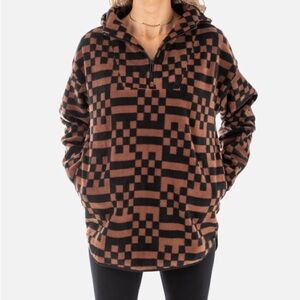 Jetty Margate Fleece Pantina Brown Black Checks & Stripes Hoodie Oversized Med